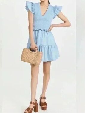 Sea phoebe smocked blue cotton mini dress flutter sleeves sz 6